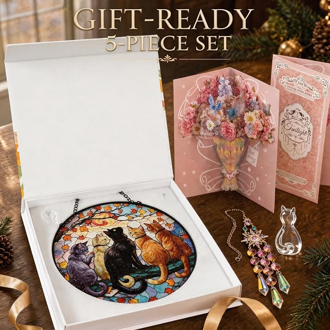 Deluxe Bundle | Stained Glass Window Hanging, Five Cats 3D Embossed Diamond Glass Suncatcher, 7-Piece Cat Lover Gift Set with Crystal Pendant & Invisible Hooks
