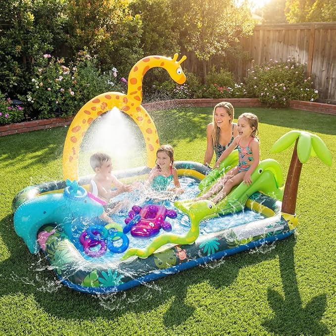 Inflatable Jungle Animal Play Center, Inflatable Water Park Kiddie Pool with Slide, Water Sprayer for Summer Outdoor Splash, Backyard and Garden 102.5" x75" x 54.5"