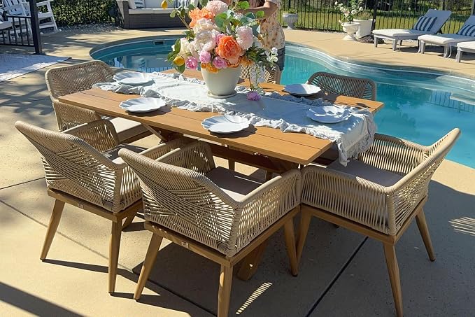 PURPLE LEAF 7 Pieces Outdoor Dining Set All-Weather PE Rattan Outdoor Patio Furniture Set with All Aluminum Frame Rectangular Table and Chairs Set for Lawn Garden Backyard Deck, Teak