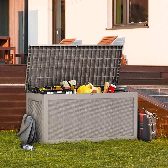 Deck Box Large Outdoor Storage for Patio Furniture,Outdoor Cushions,Garden Tools and Pool Supplies,Waterproof,Resin,Lockable (Grey, 267 Gallon)