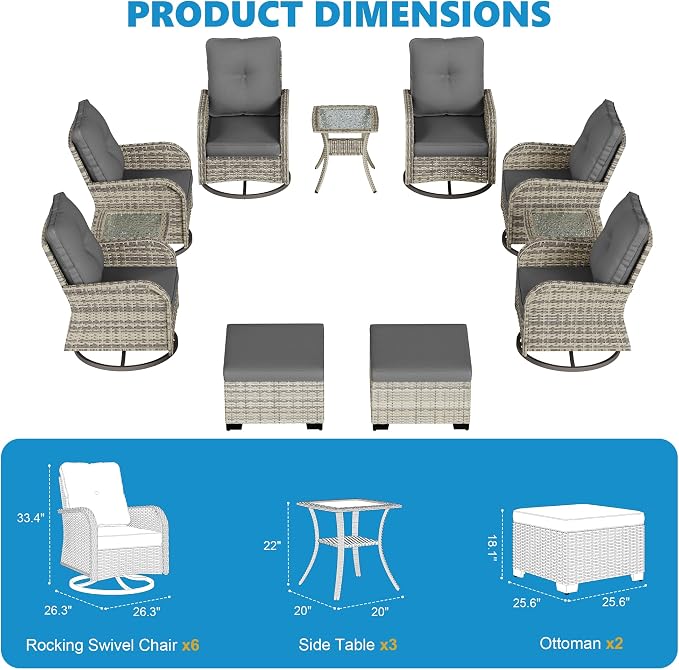 11-Piece Small Patio Furniture Set, Outdoor Swivel Rocking Chairs Set with Ottomans, Patio Bistro Set for Balcony, Deck, Porch, Grey