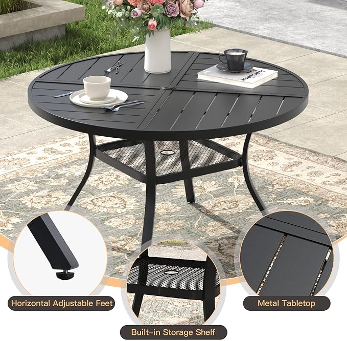 5 Pieces Outdoor Dining Set, Stackable Textilene Patio Chairs & 40.5" Round Dining Table with Umbrella Hole and Shelf, Patio Dining Set for Backyard, Deck, Garden, Grey & Black