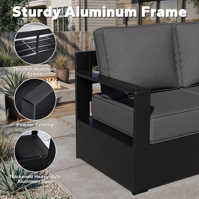 Aluminum Patio Sofa - 3-Seater Outdoor Couch with 6" Thick Removable Cushions, All-Weather Metal Frame, Deep Setting for Garden, Poolside and Porch