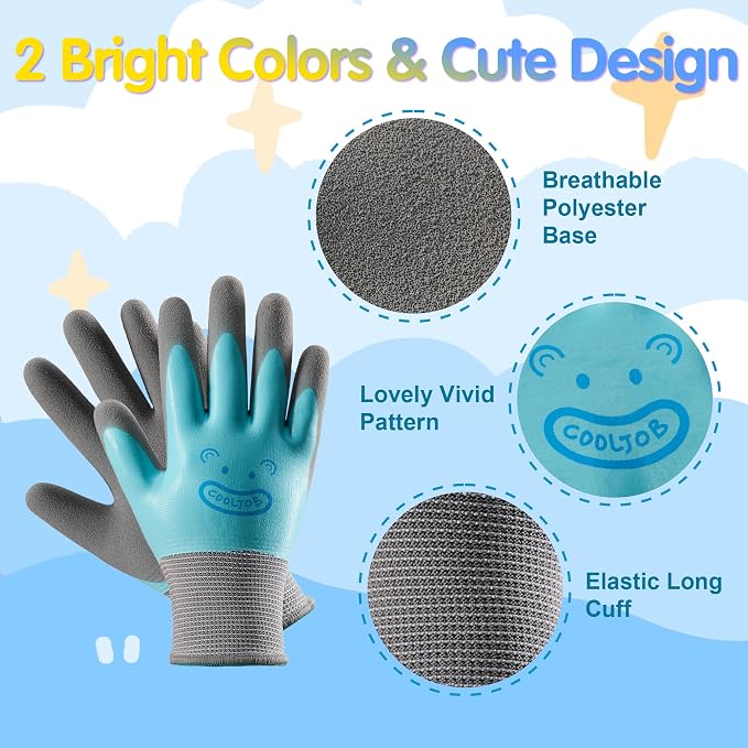 COOLJOB Double Coated Kids Gardening Gloves with Grip, Non-Slip Waterproof Rubber Work Gloves for Boys and Girls Ages 6-9, Anti-slip Durable and Super Soft, Blue & Yellow, 2 Pairs, Large