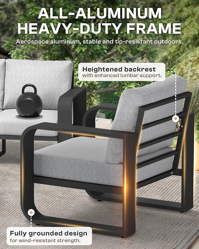 Aluminum Outdoor Sofa Bistro Set, Oversized Patio Conversation Sets Widened Armrest & Ultra-Thick Cushions, Deep Seating Patio Furniture Set for Backyard, Porch, Gray