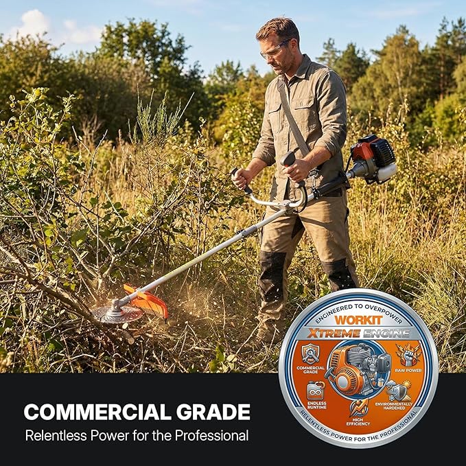 WORKIT 52CC Gas Weed Eater 3-in-1 String Trimmer/Edger/Brush Cutter, 18" Cutting Path, 0.095" Dual Line with Auto Feed, Includes 3T & 40T Blades for Heavy-Duty Lawn Care