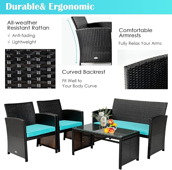 Tangkula 8 Pieces Rattan Furniture Set, Outdoor Conversation Set w/Chair & Loveseat & Tempered Glass Coffee Table, Suitable for Garden, Backyard, Poolside, Patio Furniture Set for 8 (2, Turquoise)