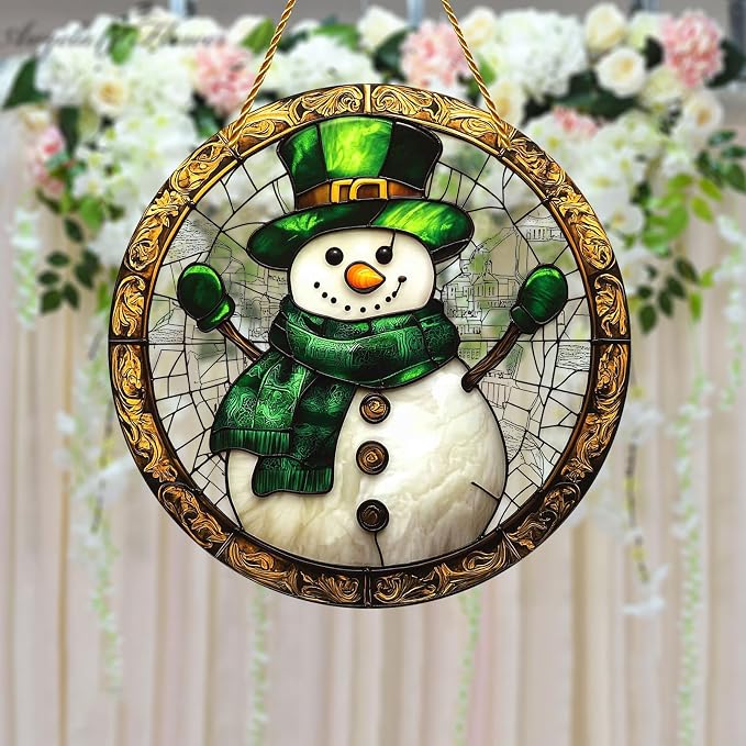 8x8 inch Charming Christmas Snowman Acrylic Stained Glass Window Hanging Sun Catcher Decor Stained Panel Hangings Wall Art Decor, for Friends and Family (Snowman)