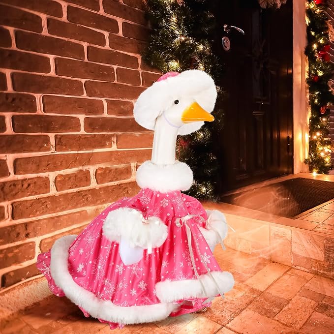 Suzile Pink Christmas Porch Goose Outfit Clothes for 23" High Cement or Plastic Goose Costume for Yard Lawn Outdoor Garden Patio Geese Statue Dresses Winter Xmas Santa Holiday Decor