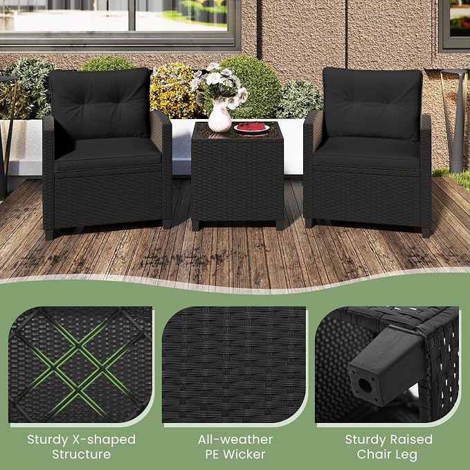 ORALNER 3 Pieces Patio Furniture Set, Wicker Conversation Set Outdoor Chairs with Cushions, Glass Coffee Table, Rattan Bistro Set for Front Porch Balcony Garden Deck Poolside (Black)