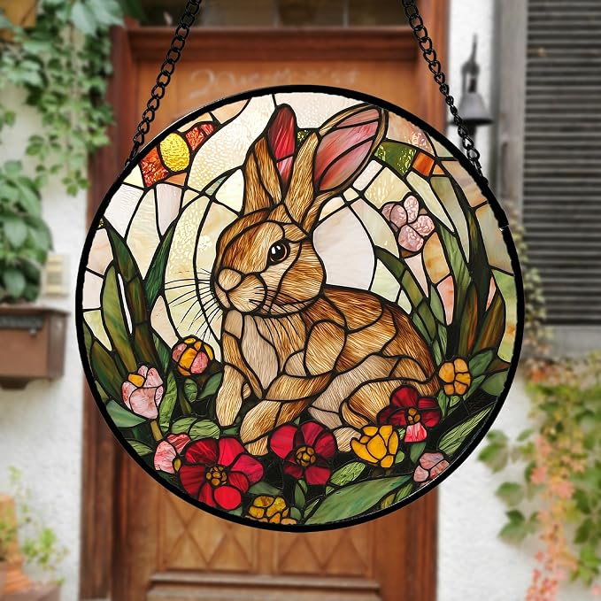 Stained Glass Window Hanging, Cute Bunny Flowers Sun Catcher for Window Door Home Decor, Rabbit Suncatcher Christmas Mother's Day Birthday Gifts for Women Men Mom and Nana 6.3 in