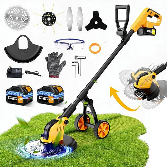 20000RPM Cordless Electric Weed Wacker, 12" Brushless Cordless String Trimmer, 4 in 1 Weed Eater/Brush Cutter/Weed Trimmer with 2*Batteries Powered & Auxiliary Wheels, Grass Trimmer for Yard Care