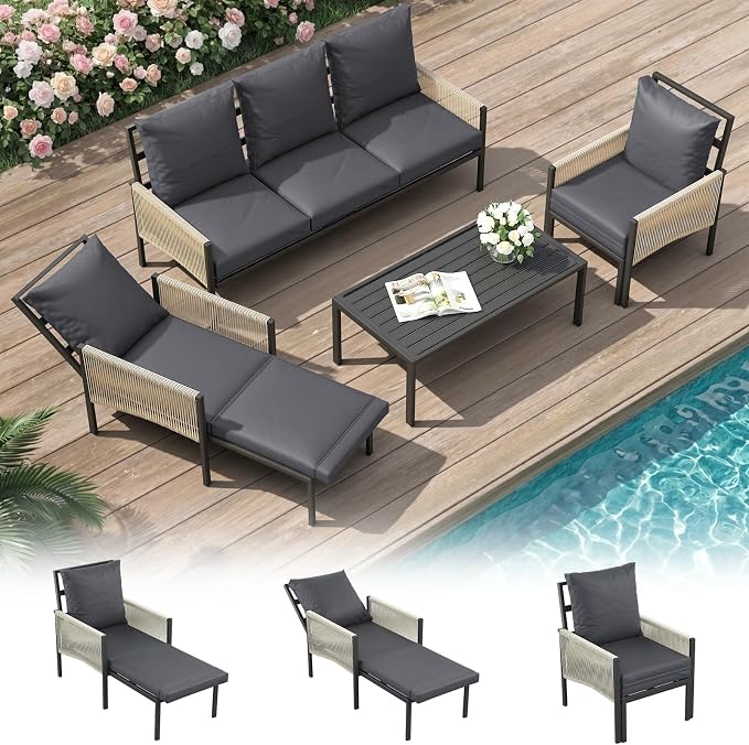 AECOJOY Aluminum Patio Furniture Set 5 Seats Outdoor Sectional Sofa Couch with Coffee Central Table Patio Conversation Sets for Porch Deck, Dark Grey