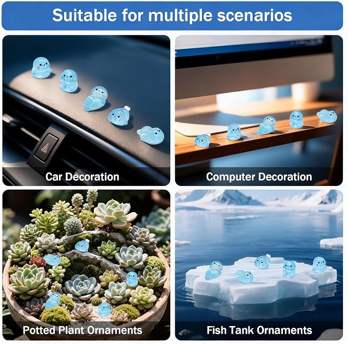 40Pcs Glow in Dark Mini Resin Seal Figurines - 5 Styles Luminous Sea Animals for Terrarium Decor, Fairy Garden, Aquarium, Small Resin Animals with Storage Box