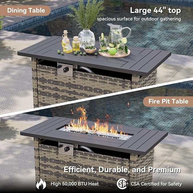 LET'S PATIO Luxury Patio Furniture Set with Fire Pit Table，9 Piece Outdoor Furniture Sectional Set with Swivel Rocker Chairs of 2，All-Weather Patio Sectional Sofas with Thickened Cushions, Beige