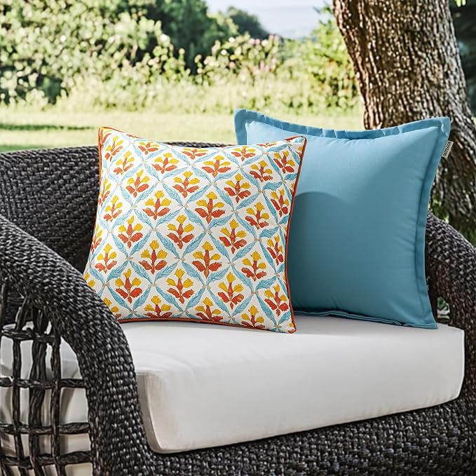 MIULEE Outdoor Floral Pillow Covers Waterproof 18x18 Orange Teal Red | Decorative Block Print,Boho Farmhouse, Set of 2 Coastal Summer Cushion Covers with Piping,Garden Patio Furniture Porch Couch