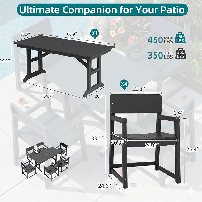 JAMFLY 7 Piece Outdoor Dining Set, All Weather Patio Table and Chairs for Backyard Garden Deck Lawn Pool, Sturdy All Weather Outdoor Furniture Set with Umbrella Hole, Grey