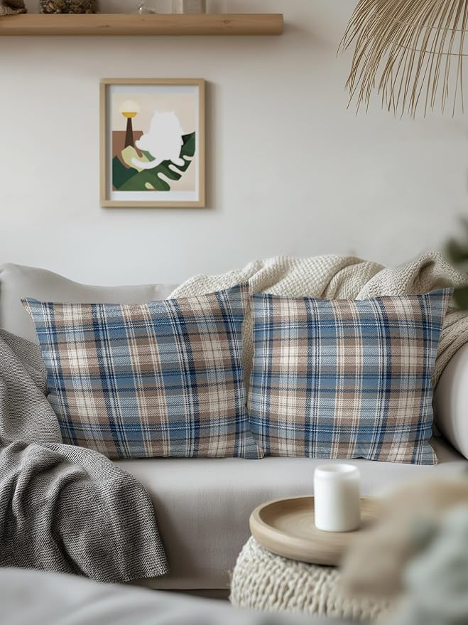 Waterproof Outdoor Pillow Set of 2 Beige Checked Plaid Decorative Throw Pillows Cover & Insert 16x16 Inch Pillowcase Stripes Woven Grid Square Pillows for Couch Sofa Bed Patio Furniture Indoor Outdoor