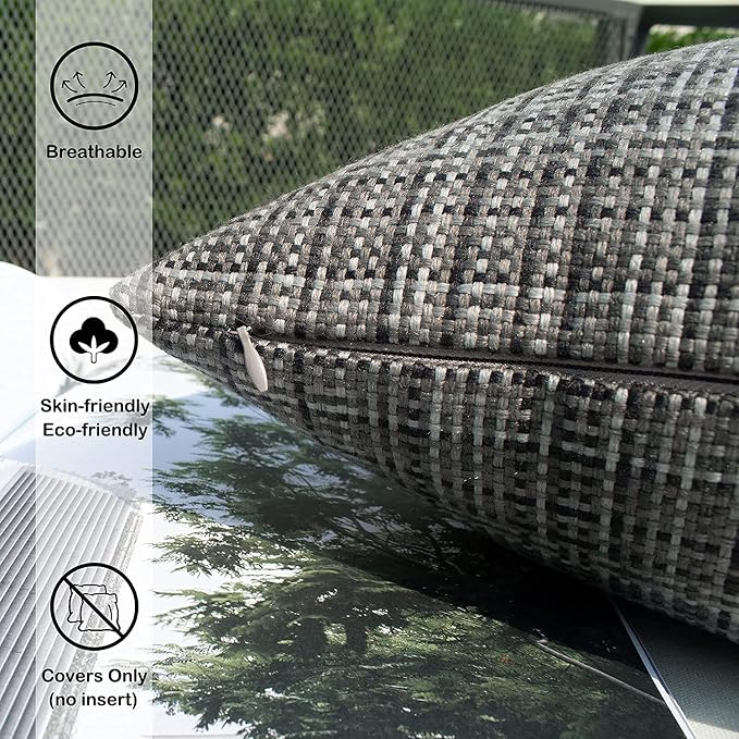 Kevin Textile Outdoor Waterproof 26x26 Inch Pillow Covers 2 Pack, Grey | Water Resistant, Faux Linen Yarn-dyed, Woven Texture Euro Throw Pillow Covers for Tent Patio Garden Couch Sofa