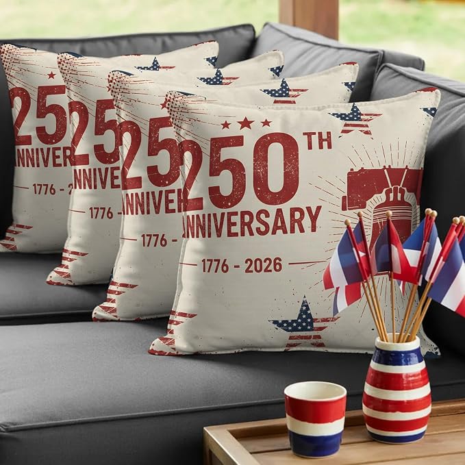250th Anniversary Outdoor Pillow Covers 26"x26" Set of 2, Liberty Bell Stars Vintage 1776-2026 Waterproof Throw Pillow Covers for Patio Furniture, Decorative Cushion Covers for Porch