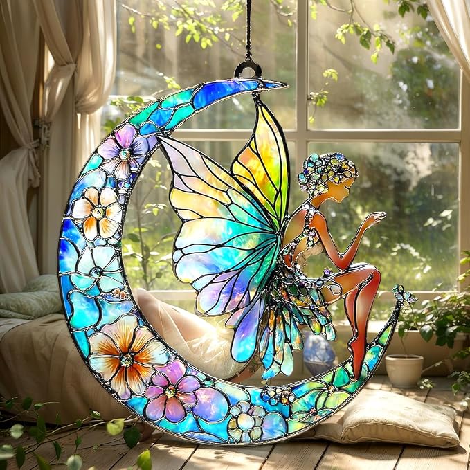 Floral Moon Fairy Acrylic Suncatcher, Boho Suncatchers for Window Hanging Ornament, Stained Glass Effect Art Garden Decor for Lover, Gifts for Mother's Day, Mom, Grandma, Wife, Women, Nana