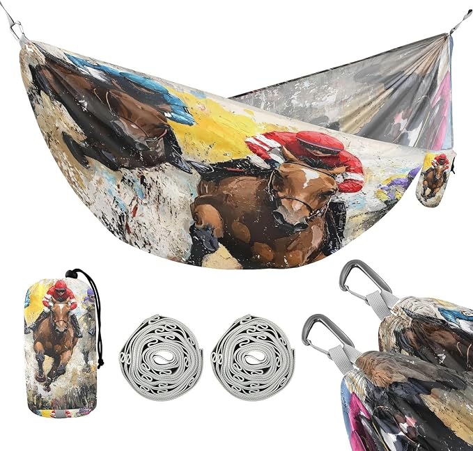 Horse Racing Scene Camping Hammock, Portable Lightweight Single Hammock with Tree Straps and Aluminum Carabiners, 114" x 54" Travel Hammock for Hiking Backpacking Beach