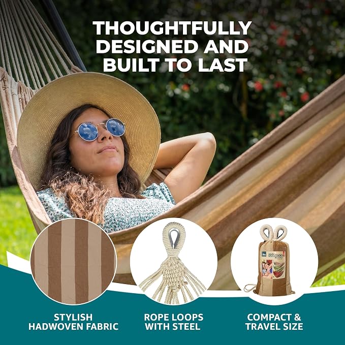 Bliss Hammocks BH-401-CP Double Hammock in a Bag, for Camping, Hiking and Outdoors, Portable, Durable, Eco-Friendly Hand-Woven Cotton and Polyester, Supports up to 265-Pounds, Cappuccino Stripe