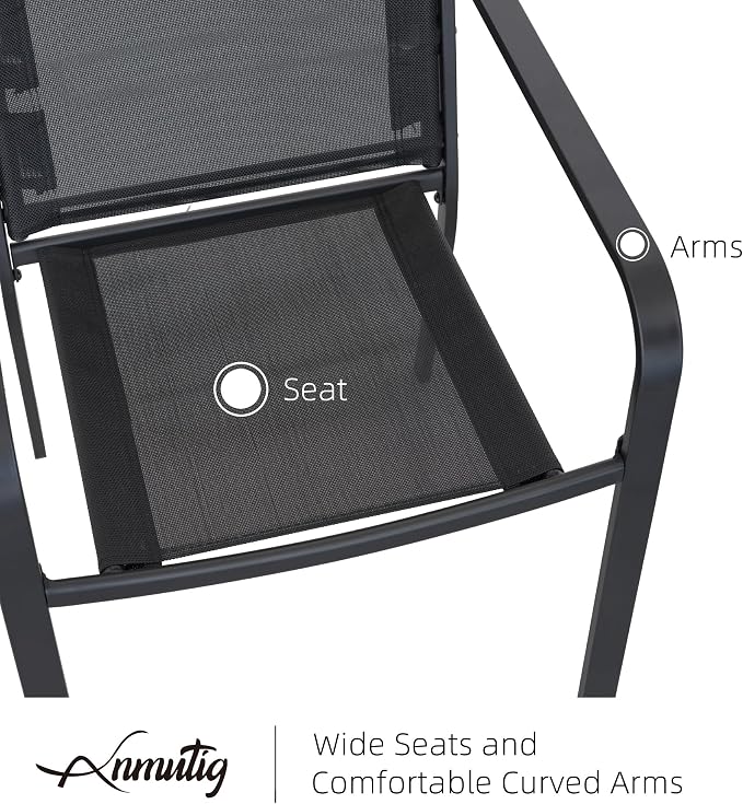 Patio Small Dining Set of 3 with 27.5" Square Table, Black Stacking Chairs | Stackable Chairs, Metal Square Table, Slat Table Top, 2 Person Use, All Weather, Textilene fabric Seat and Back