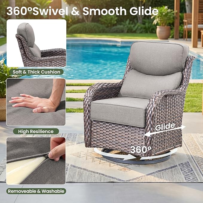 Luxury Patio Furniture Set with 6-inch Thick Cushion, Outdoor Furniture with Fire Pit Table, Swivel Chairs, Sofa, 4pcs Wicker Conversation Set for Deck Yard and Poolside(Brown Wicker/Grey Cushion)