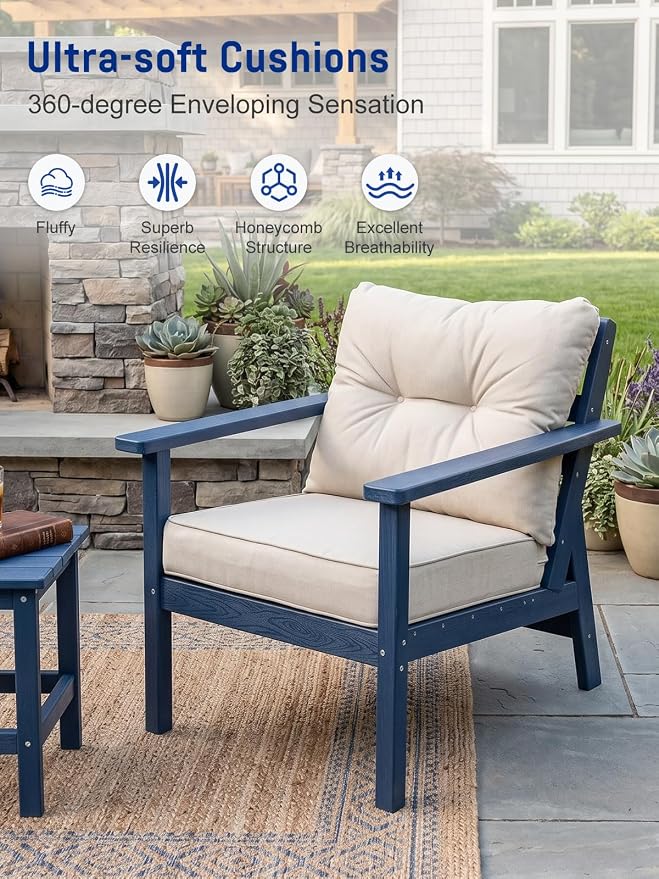 HDPE Patio Conversation Set 5 Seats, Outdoor Furniture Set, Patio Sofa Set | Water-Resistant Thick Cushion, HDPE All Weather, Wood-Grain, No Rot or Rust or Crack, UV Fade Shield, Easy-Clean for Outside