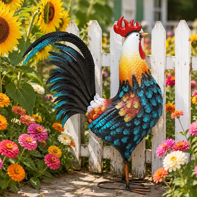 32" Majestic Metal Rooster Yard Decor, Large Outdoor Garden Statue | Outdoor Chicken Sculpture, 3D Hand-Painted, Rustic Farmhouse Style, Weather-Resistant Iron, Backyard Patio Lawn Garden