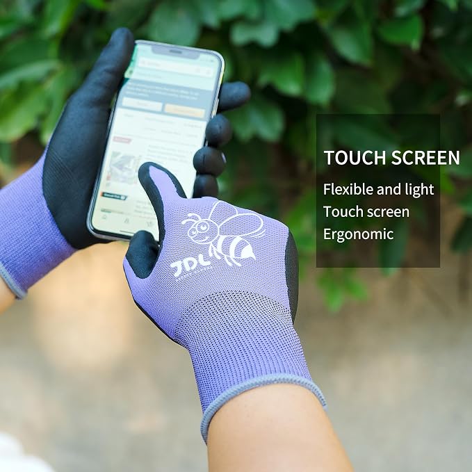 JDL 3 Pairs Nylon Nitrile Coated Gardening Gloves for Women, Touchscreen Yard Garden Gloves, Breathable Safety Work Gloves with Grip, Purple, Large