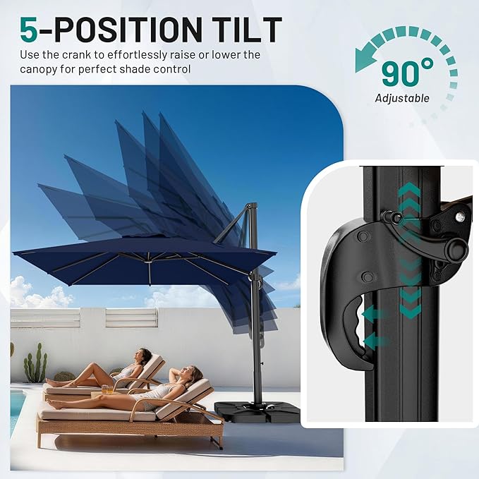 AreShark 9 × 9FT Square Cantilever Patio Umbrella with Base Included, 360° Rotation Offset Outdoor Umbrella, 5 Tilt Settings Heavy Duty Hanging Parasol for Deck Garden Pool, Navy
