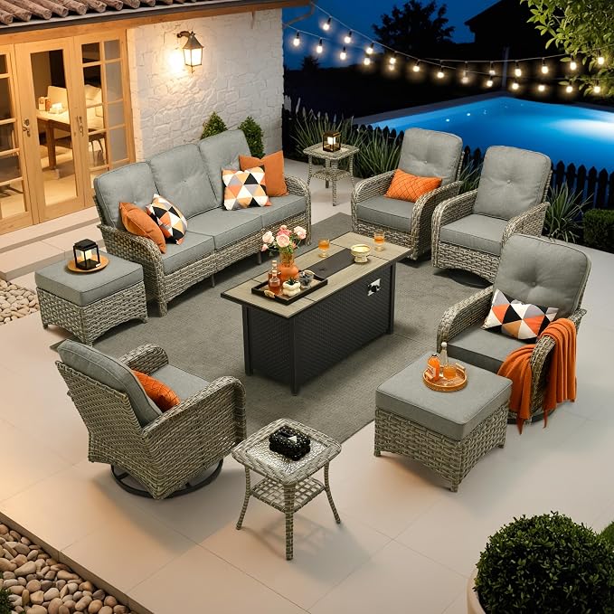 HOOOWOOO Outdoor Patio Furniture Set with Fire Pit Table,10 Pieces Wicker Conversation Set,All Weather High Back Couch Sofa Swivel Chairs Ottomans Ottomans Set,Charcoal Gray