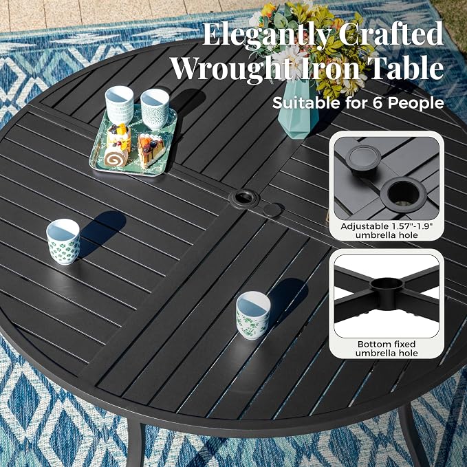 MIXPATIO Patio Table and Chairs Set, 7 Pieces Patio Dining Set with 6 Textilene Chairs, and Round Outdoor Dining Table with Umbrella Hole for Garden Lawn Porch and Backyard Poolside, Grey