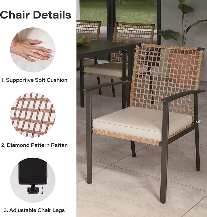 LAUSAINT HOME 7 Pieces Patio Dining Set, Outdoor Furniture Set of 6 Wicker Chairs (2 of Them Swivel) with Soft Cushion and Iron Slats Table Top with Umbrella Hole, Conversation Set for Backyard