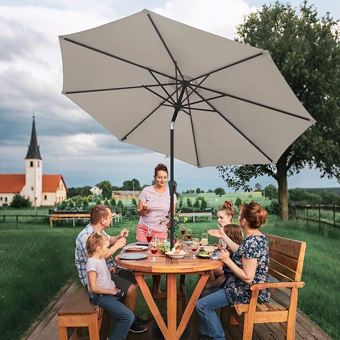 FLAME&SHADE 10 FT Solar Light Patio Umbrella, 40 LED lights outdoor umbrella with Centre Surround Light, Table Market Umbrella for Deck, Pool, Porch, Backyard, Garden, UV Protection, Taupe
