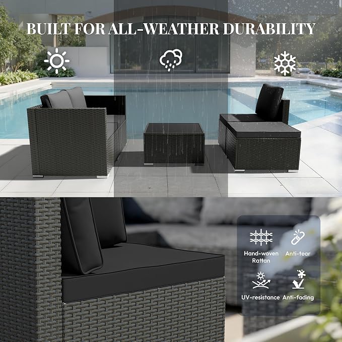 WWR Patio Furniture Set- All-Weather, Thick Cushions & Wide Armrests -5 Piece Outdoor Patio Conversation Couch Sets, Wicker Rattan Outdoor Sectional Sofa for Garden, Patio, Poolside