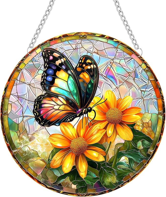 Acrylic Suncatcher Window Hanging, Butterfly & Flower Sun Catcher Rainbow Indoor Window Decoration for Living Room Bedroom Summer Home Balcony Ornaments, 7.87 inches
