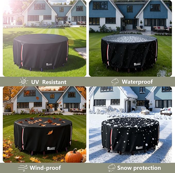 Round Patio Furniture Covers,600D Heavy Duty Waterproof Outdoor Furniture Cover for Round Dining Table with Rocking Swivel Chairs Set,62" Dia x 28" H Black