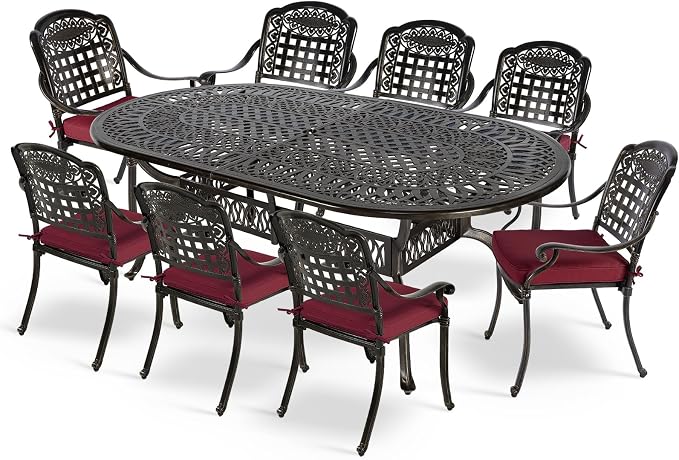 MEETWARM 9-Piece Outdoor Furniture Dining Set, All Weather Cast Aluminum Patio Garden Set with 1 Oval Table, 8 Chairs, 8 Cushions, 2" Umbrella Hole, Dark Bronze, Chili Red