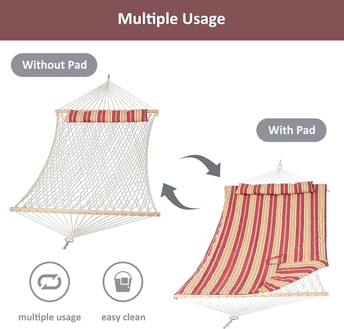 SUNCREAT Hammocks Portable Hammock with Stand, Hammock with Stand 2 Person Heavy Duty for Bedroom, Backyard, Patio, Balcony, Red Stripe
