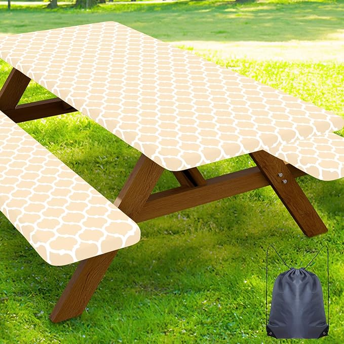 Smiry Picnic Table Cover with Bench Covers, Waterproof Elastic Fitted Tablecloth for 8 Foot Tables, Washable Polyester Tablecloths for Camping, Indoor & Outdoor (Beige, 30x96 Inch 3-pc Set)