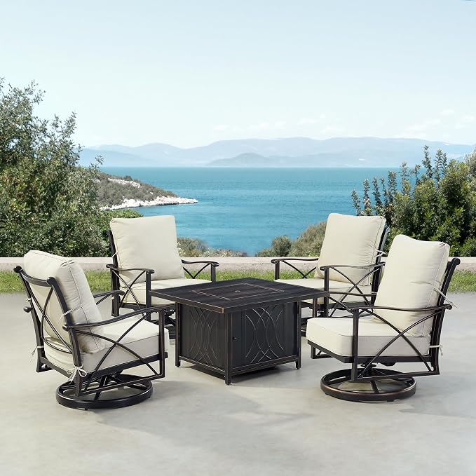 Oakland Living Black Aluminum Patio Fire Table Set with Four Club Chairs