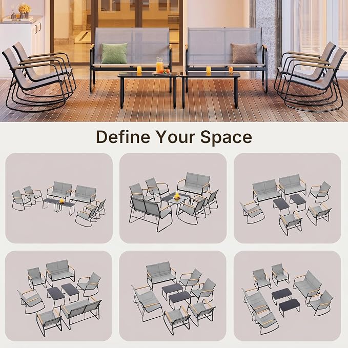 Ahomly 8-Piece Outdoor Patio Furniture Set, Textilene Conversation Set with Rocking Chairs, Loveseat, and Tempered Glass Coffee Table, for Lawn, Garden, Balcony, Poolside (Grey)