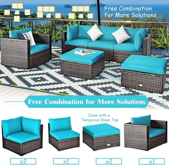 Tangkula 6 Pieces Wicker Patio Furniture Set, PE Rattan Outdoor Sectional Conversation Set with Glass Coffee Table & Ottoman, Wicker Sofa Set with Cushions for Yard Garden, Deck, Porch (Turquoise)