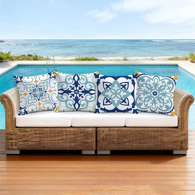 NIGHTWISH Outdoor Waterproof Pillow Covers 20x20 Set of 4 Teal Boho Decorative Outdoor Throw Pillows Floral Cushion Cases for Patio Furniture Bench Couch Sunbrella