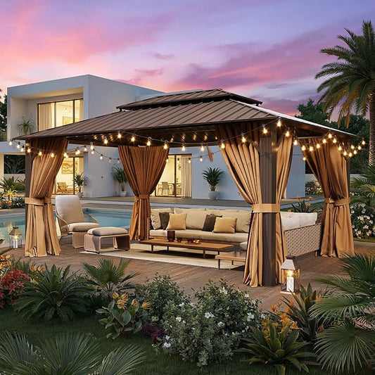 12x16FT Hardtop Gazebo with 72FT Solar String Lights, Metal Frame with Double Galvanized Steel Roof, Permanent Outdoor Pergola for Backyard, Patio, Lawn and Garden, Brown