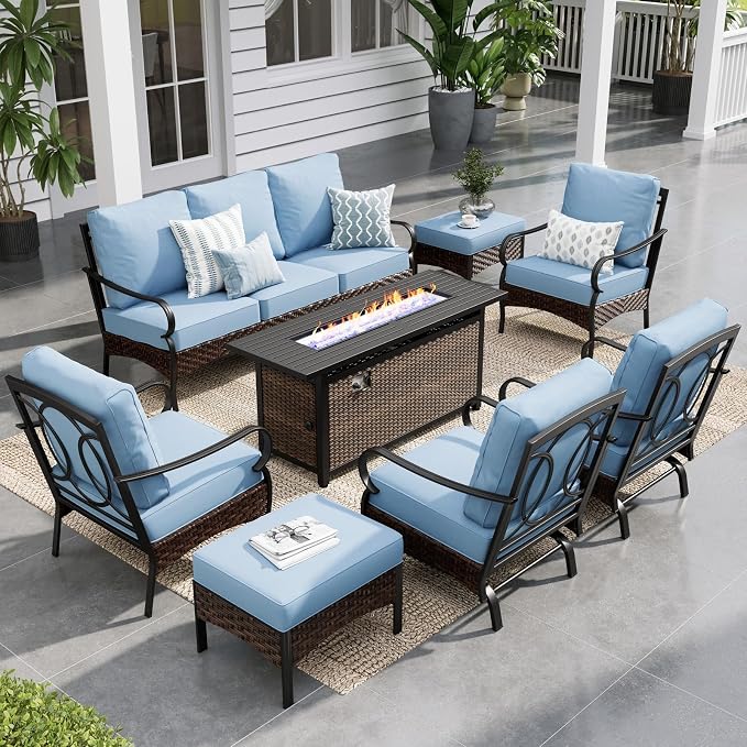 Sophia & William Patio Furniture Set with 56" Fire Pit Table, 9 Seats Metal Frame Outdoor Conversation Sets Wicker Patio Sectional Sofa Set with Ottomans for Porch, Deck, Poolside, Blue