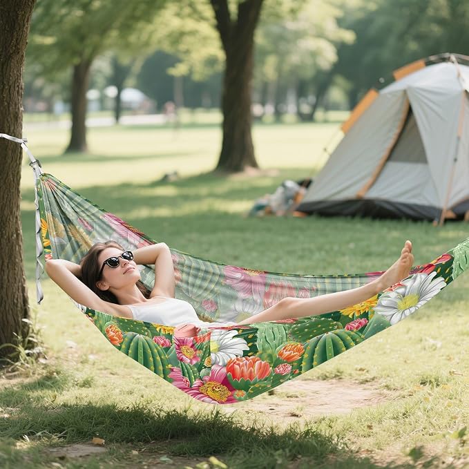 Camping Hammock Outdoor Hammocks for Outside Cactus Flowers Beach Trees Portable Lightweight with Pockets Tree Straps Indoor